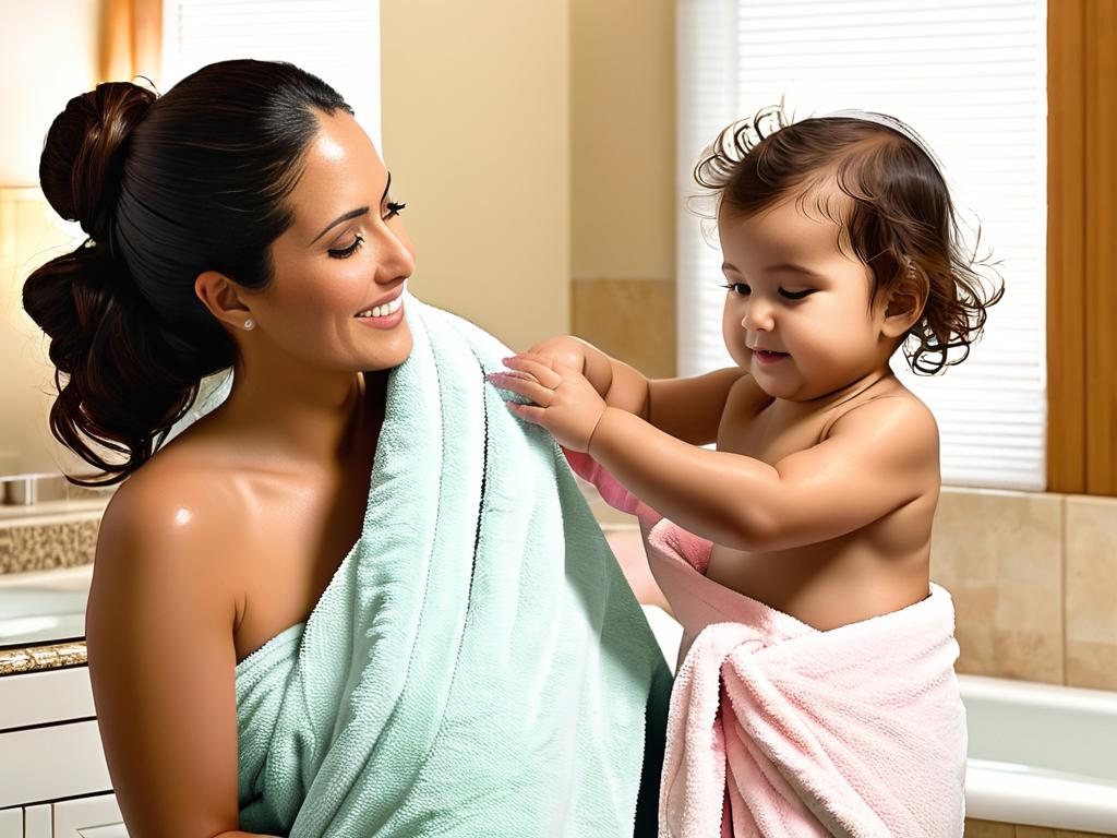 Мама заворачивает дочь после ванной в полотенце, чтобы согреть и не допустить простуды