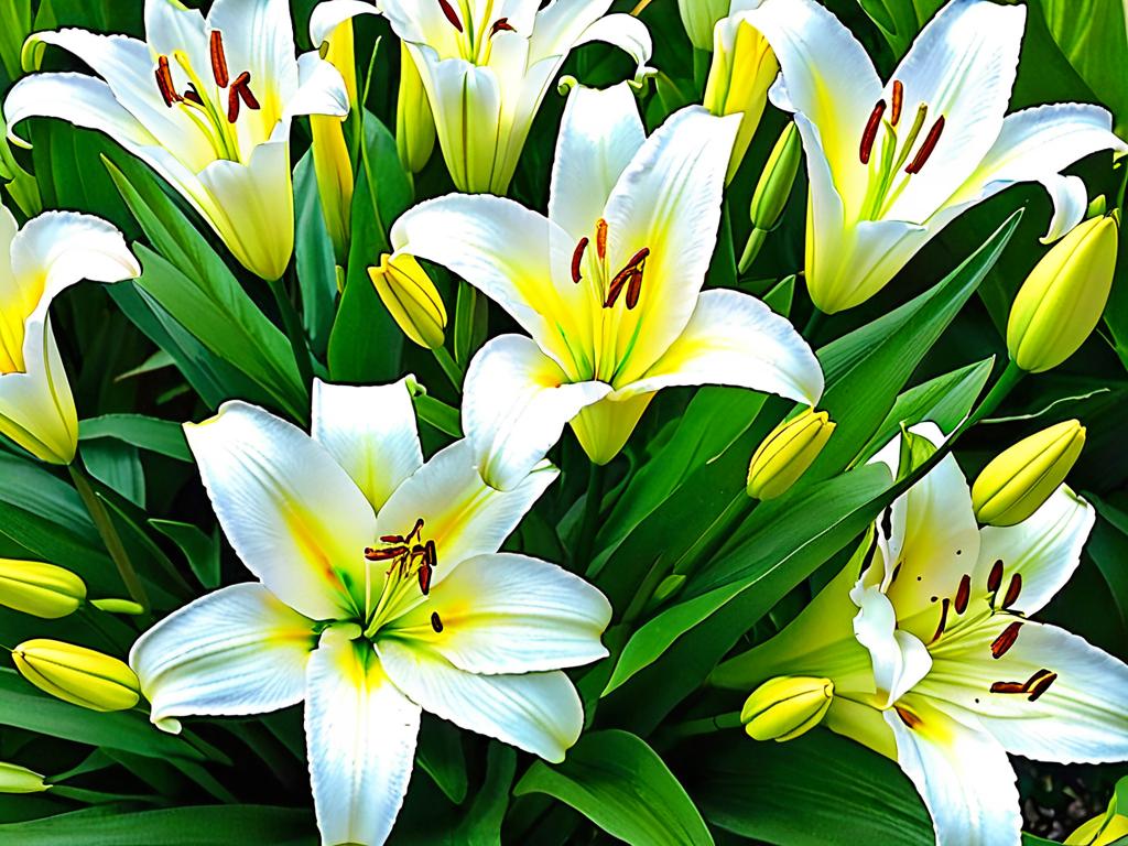 Белые цветы лилий с яркими желтыми пыльниками на зеленых стеблях и листьях