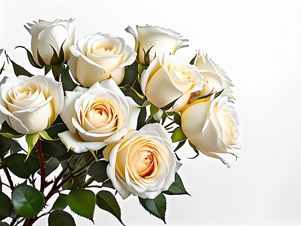 Букет белых распустившихся роз на белом фоне