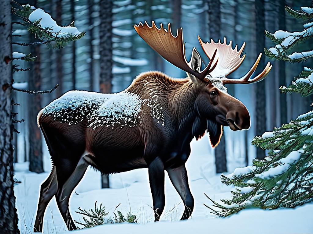 Зимой лось идет по снежному лесу, поедая ветки сосны