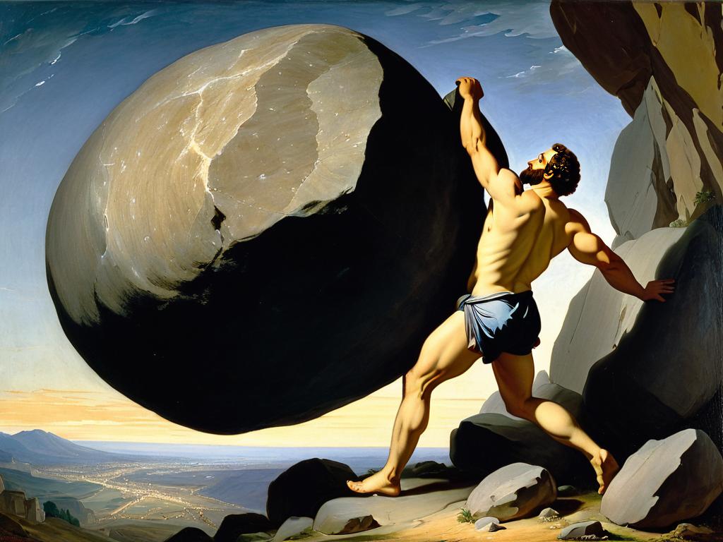Картина 19 века, изображающая Сизифа, катящего в гору камень