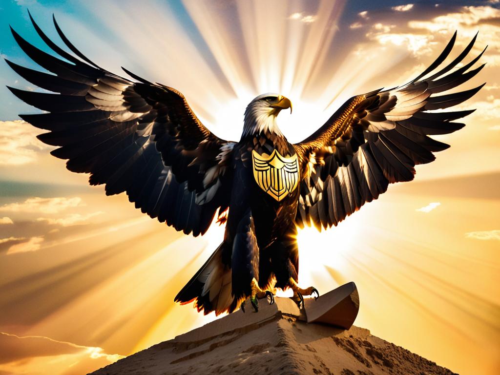 Крупный план орла Саладина на флаге Египта на фоне лучей солнца