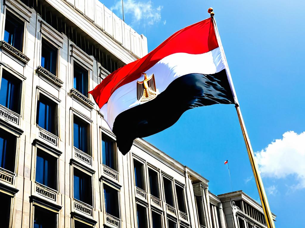 Флаг Египта развевается перед высотным правительственным зданием
