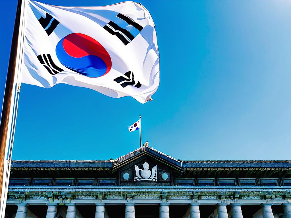 Флаг Южной Кореи развевается над правительственным зданием