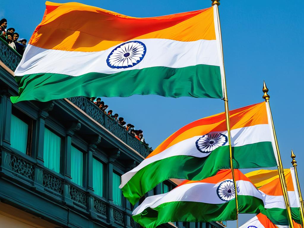 Наклоненный трехцветный флаг Индии развевается во время парада в День Республики
