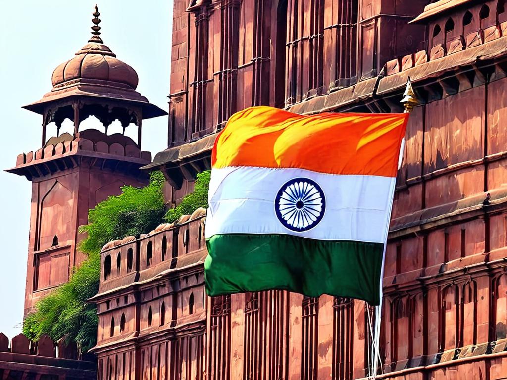 Национальный флаг Индии поднят над историческим Красным фортом в Дели