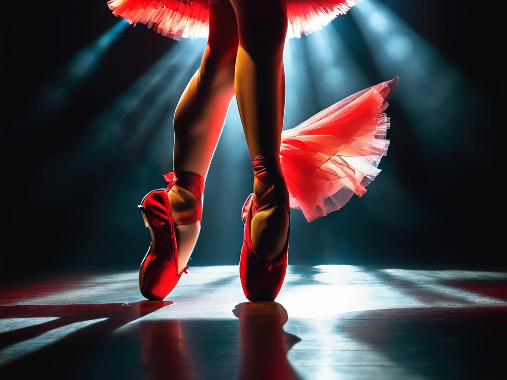 Балерина в красных туфельках танцует в луче света на сцене