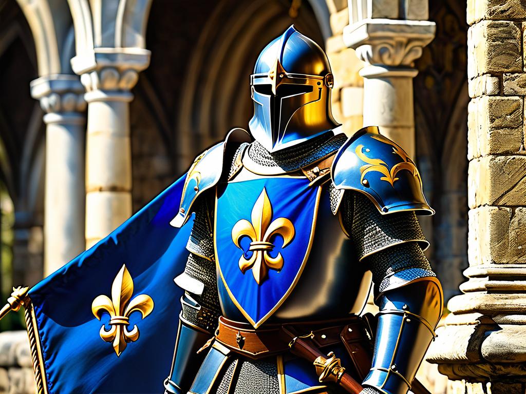 Средневековый рыцарь держит синее знамя с золотыми лилиями