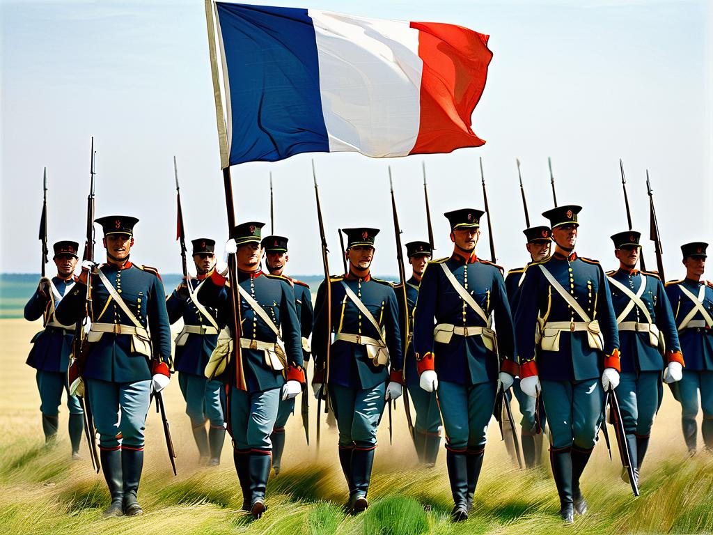 Французские солдаты поднимают трехцветный флаг на поле боя