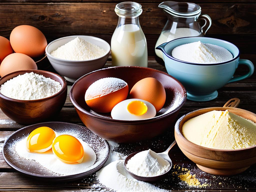 Ингредиенты для торта Поленница - мука, яйца, сахар, ваниль на деревянном столе