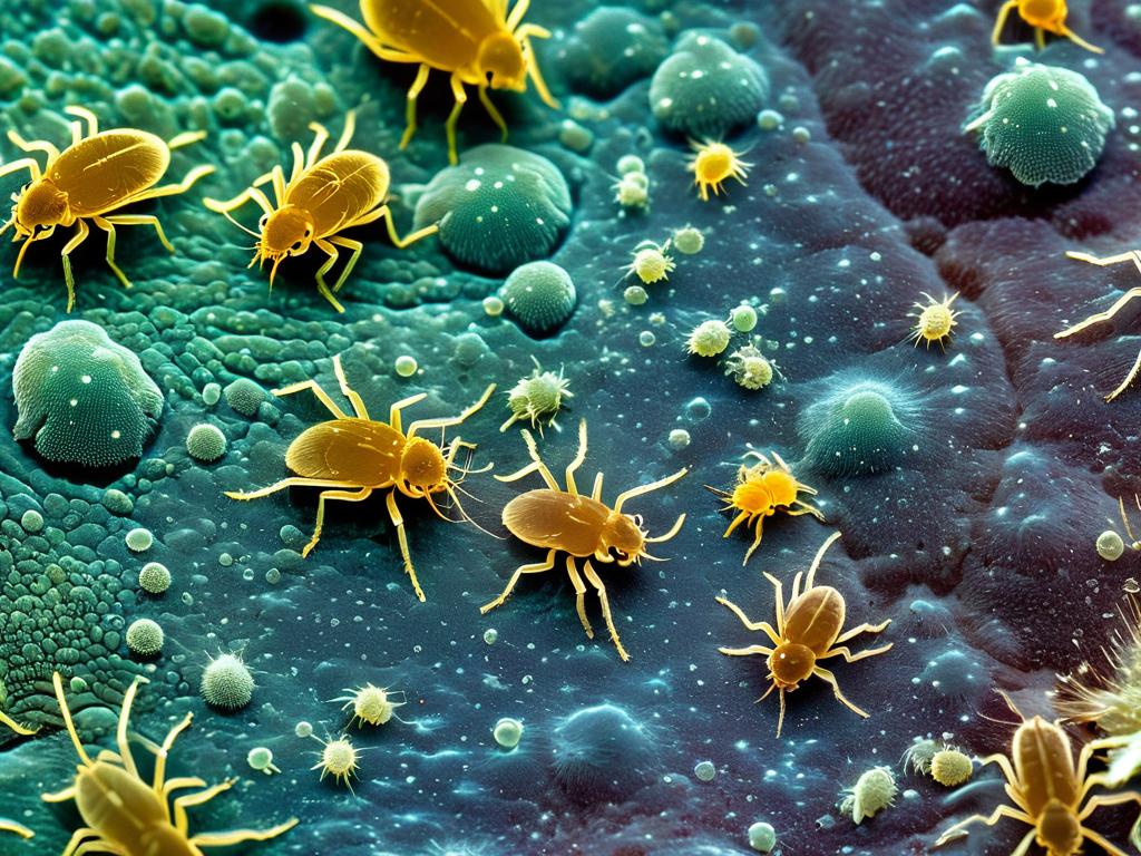 Чесоточные клещи под микроскопом на коже человека