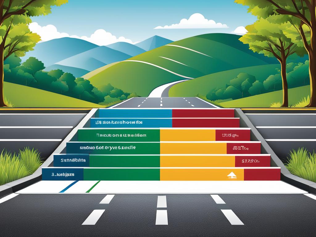 Инфографика этапов траншевого кредитования в виде ступеней на дороге