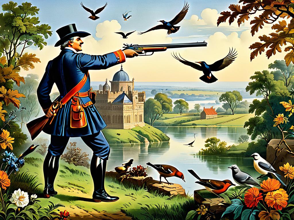 Историческая иллюстрация: знатный охотник стреляет по птицам