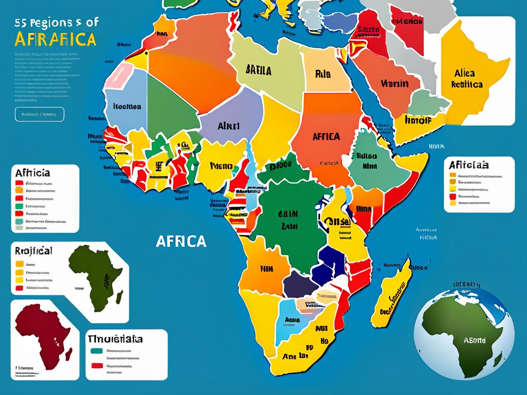 Инфографика с обозначением 5 регионов Африки и странами внутри зон