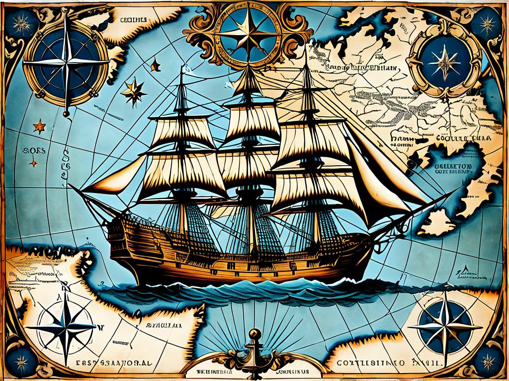 старинная карта с парусным кораблем и созвездием Южного Креста, изображающая историческую навигацию