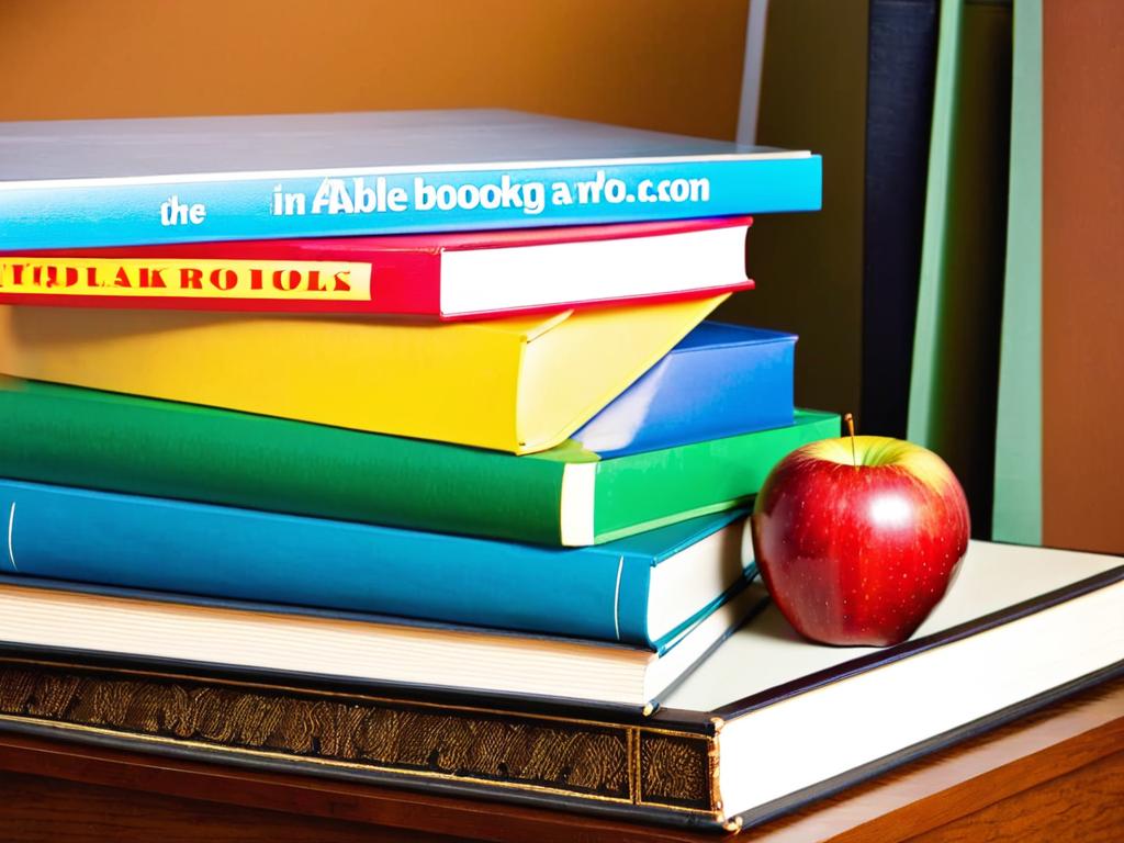 Стопка книг на столе рядом с яблоком