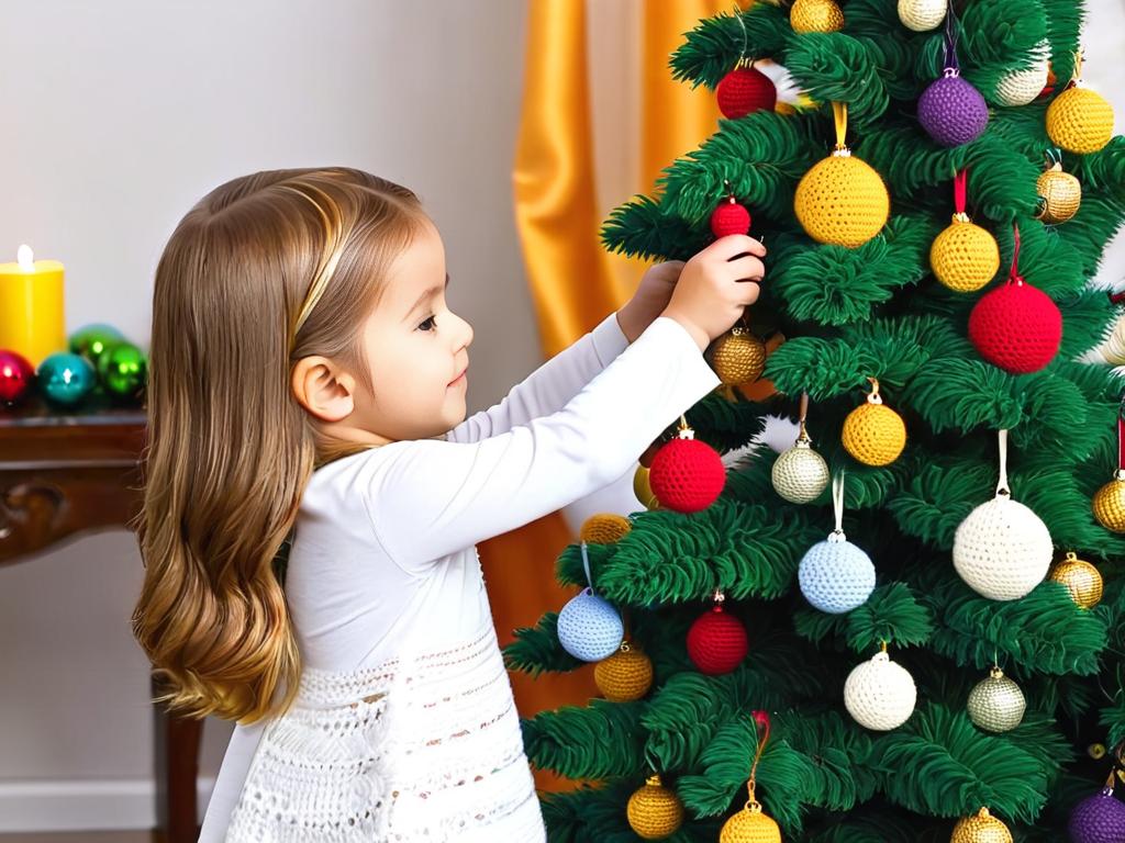 Девочка украшает елку вязаными шариками и колокольчиками