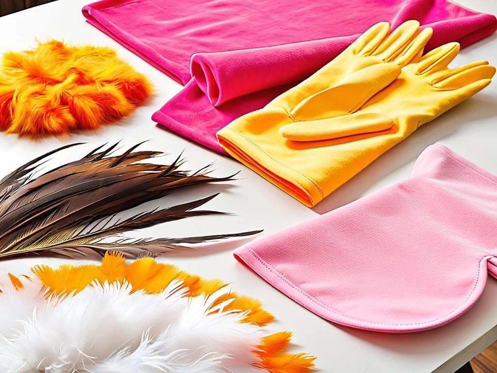 Желтые, оранжевые и розовые материалы для костюма цыпленка разложены на столе - перья, флис,