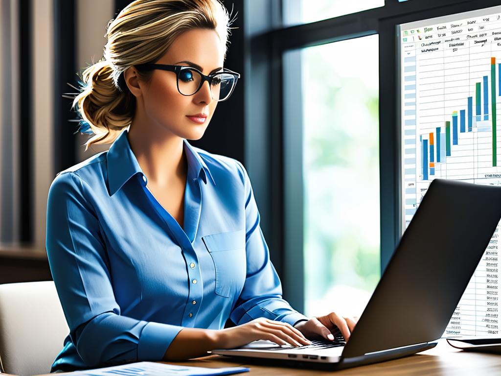 Женщина в очках анализирует данные в сводной таблице Excel