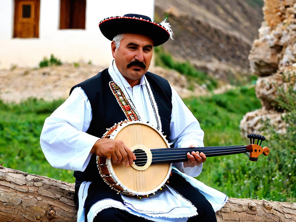 Эрзянин в национальном костюме играет на музыкальном инструменте крезь