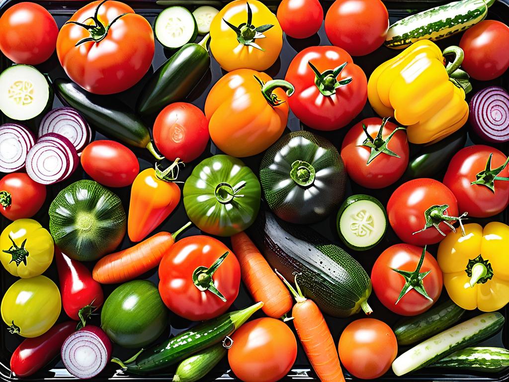 Ассортимент овощей, часто используемых для нарезки: помидоры, огурцы, перец, редис, морковь