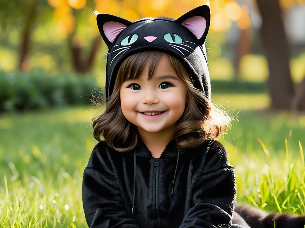 Девочка в черном костюме кошки с ушами, лапками, хвостиком и усами на лице радостно улыбается в