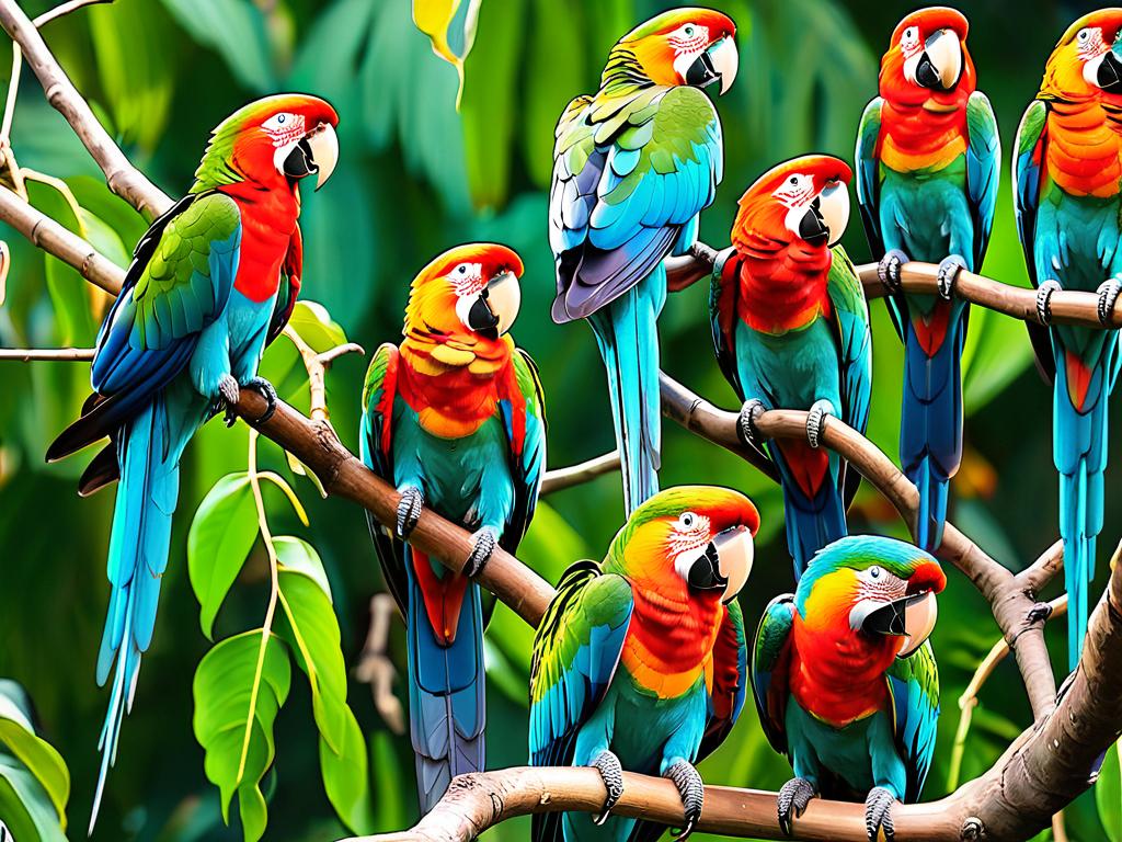 Фотография с изображением разных видов попугаев в ярком оперении, сидящих на ветках