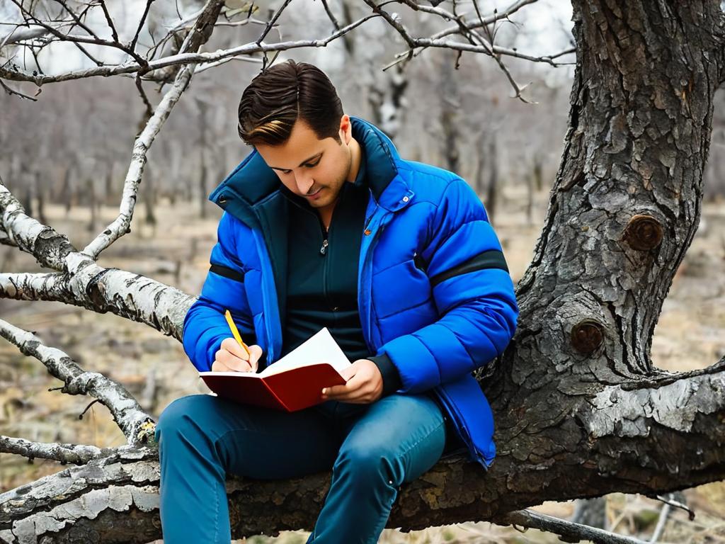 Саша Черный сидит на ветке дерева и пишет в блокноте на природе