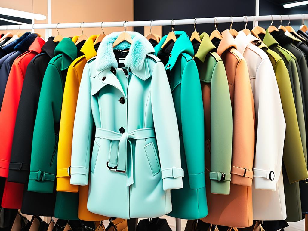 Разноцветные модные зимние пальто для женщин висят в магазине одежды