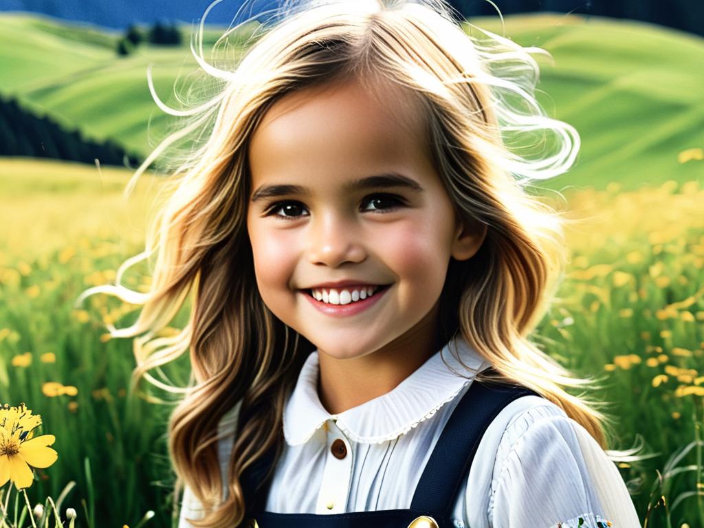 Изабель Лукас ребенком улыбается на солнце в Швейцарии