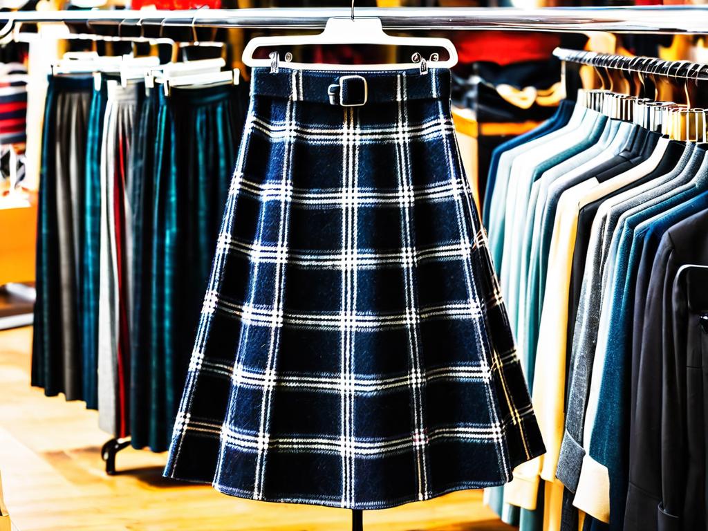 Шерстяная клетчатая макси юбка на вешалке в магазине одежды