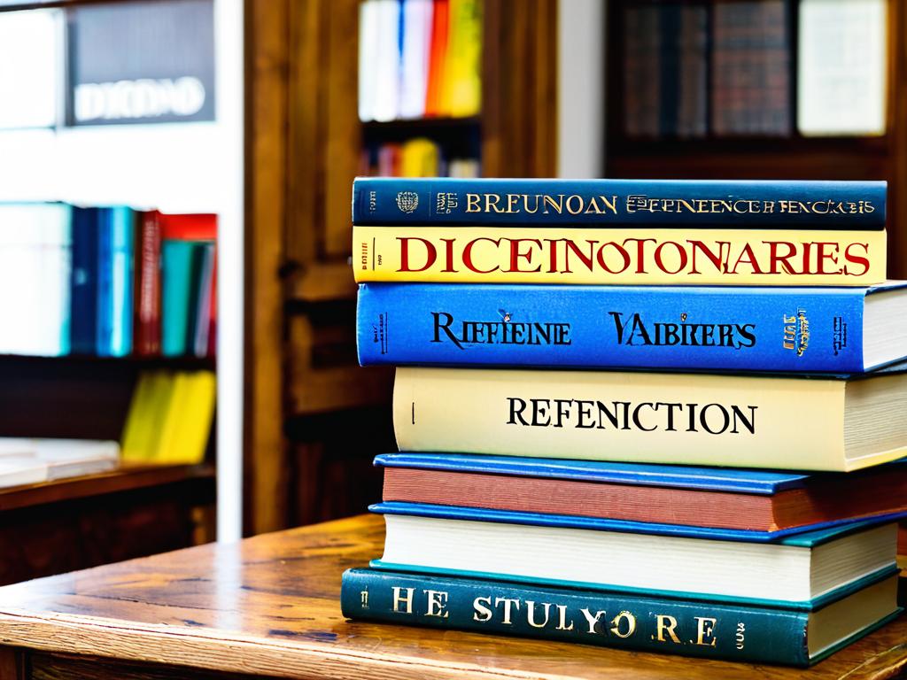Фото стопки справочников и словарей на деревянном столе
