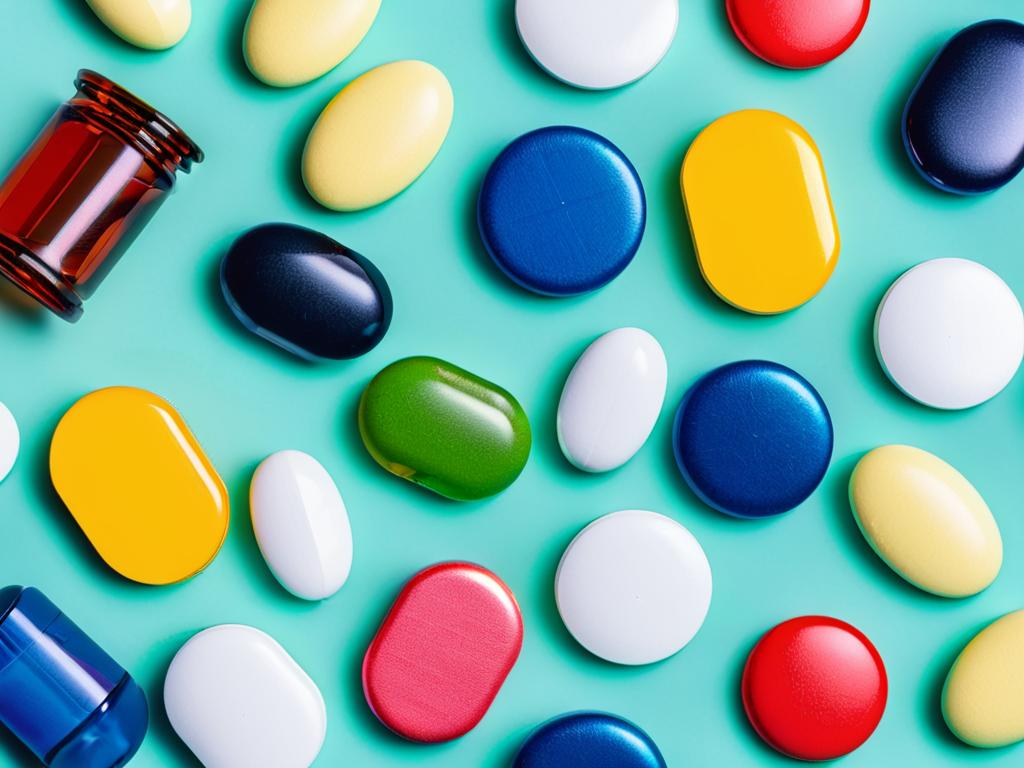 Таблетки разных цветов и форм, разложенные рядами