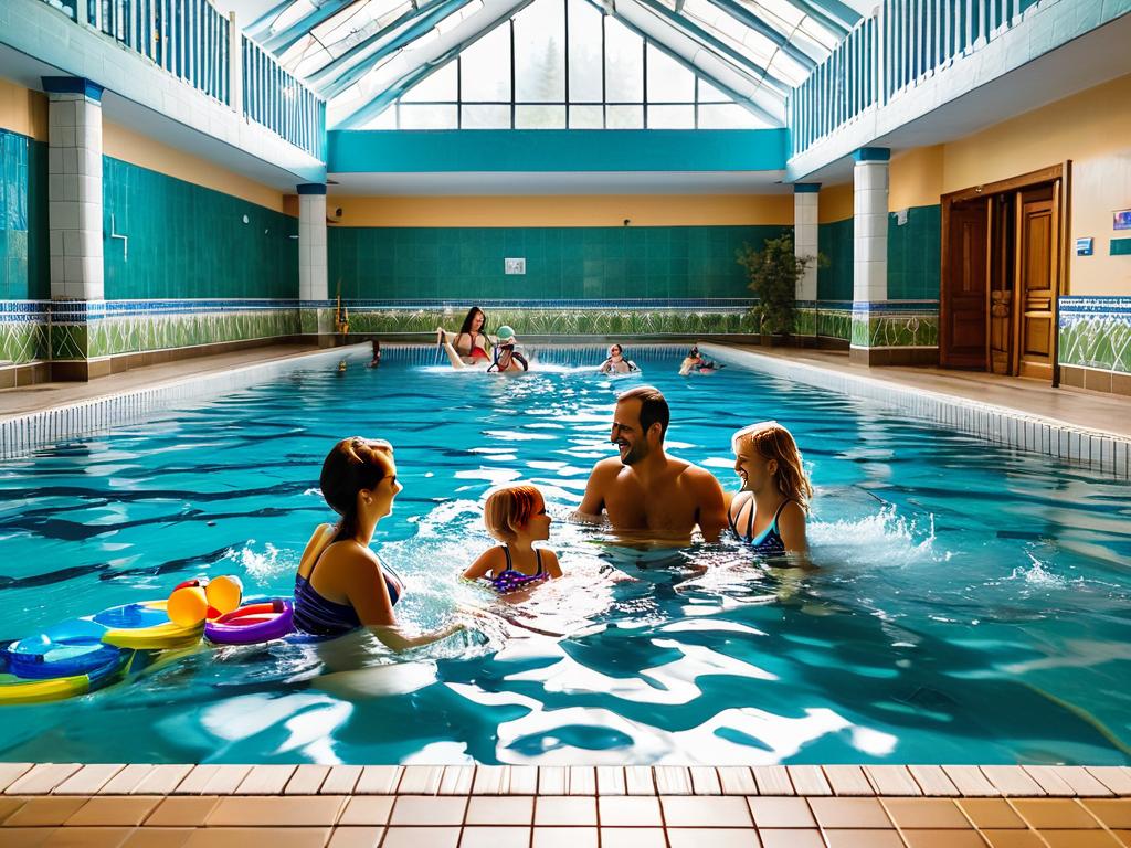 Семья с детьми плавает и играет в бассейне санатория на Урале с полезным питанием