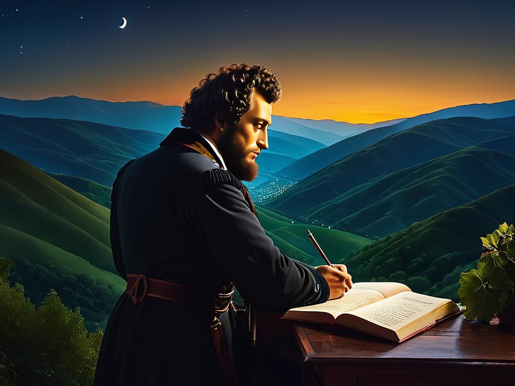Пушкин смотрит на ночные холмы Грузии вдохновляясь на поэзию