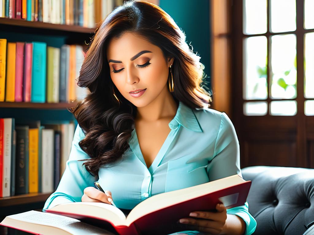Женщина внимательно читает книгу, чтобы выучить правильное произношение слов