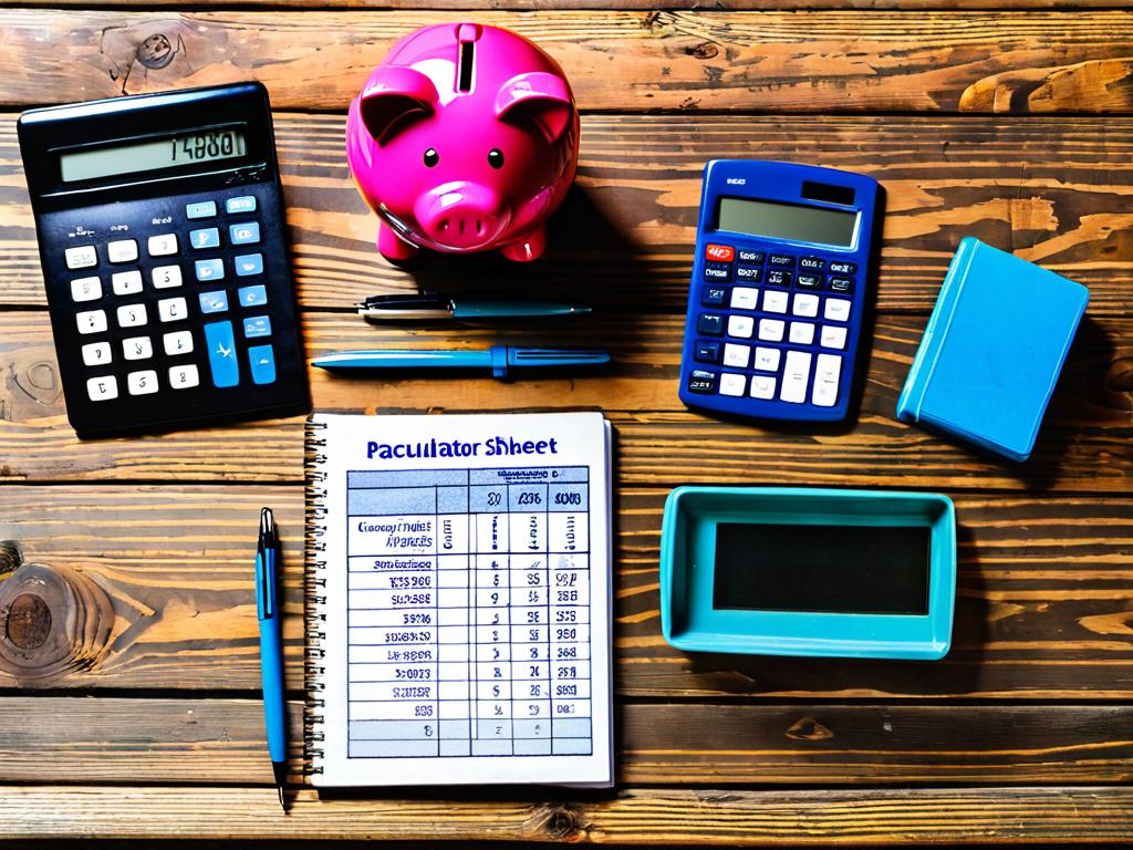 Калькулятор, ручка, электронные таблицы и копилка на рабочем столе