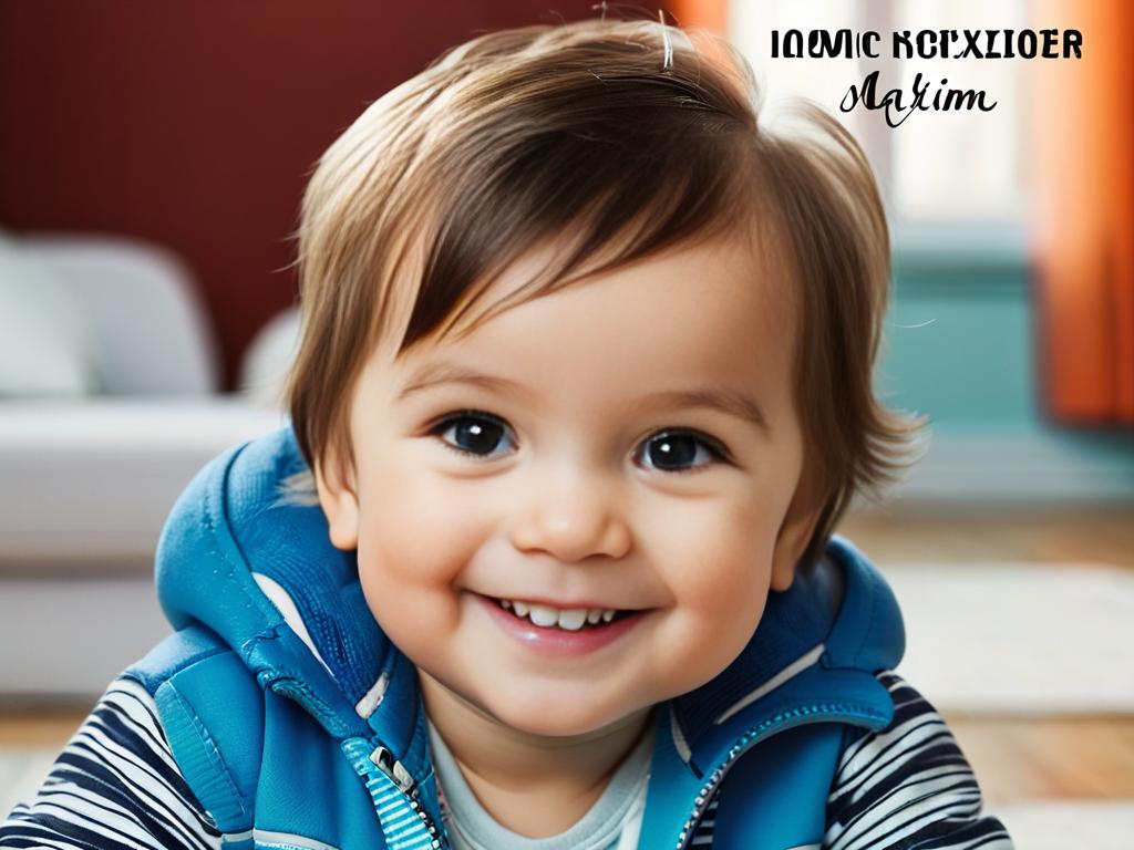 Портрет улыбающегося мальчика-дошкольника по имени Максим, смотрящего в камеру. Его имя написано