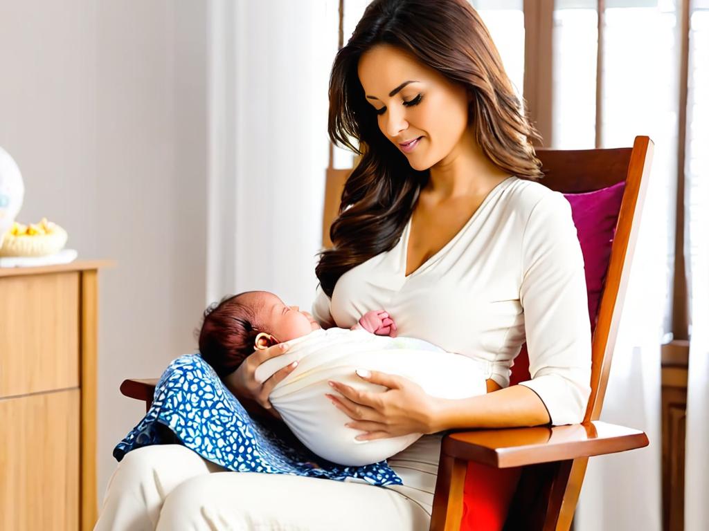 Женщина, сидя в кресле, кормит грудью новорожденного ребенка в правильном вертикальном положении.