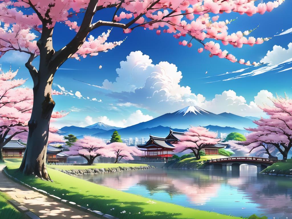 Пейзаж в стиле аниме с вишнями