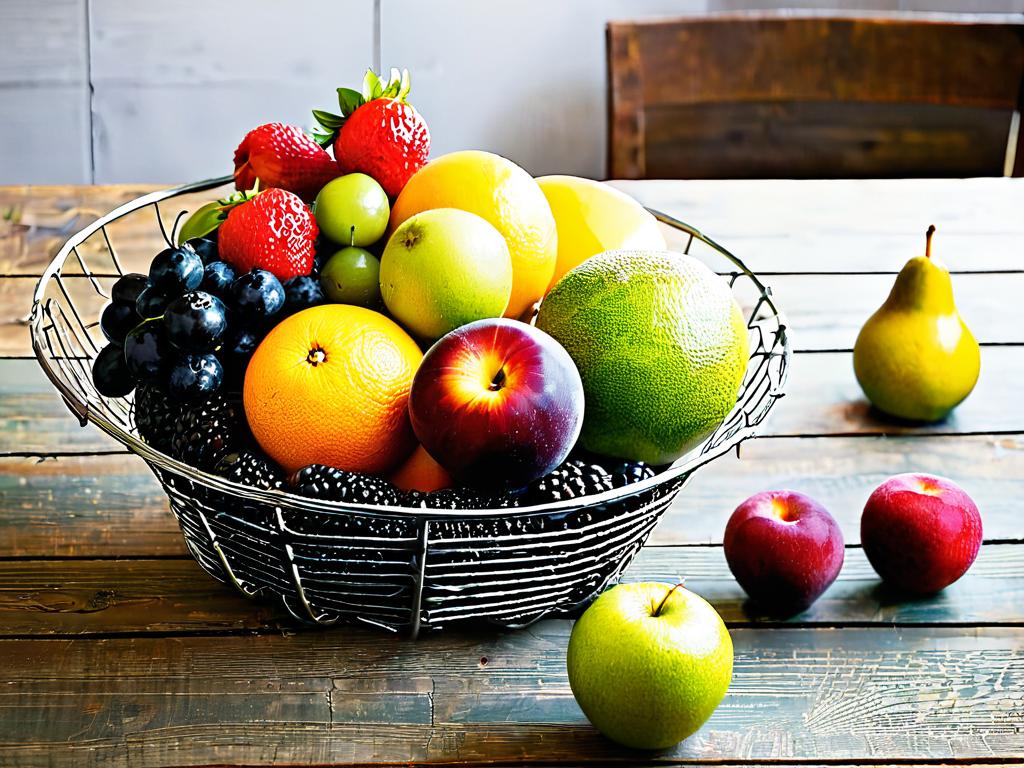 Разнообразные свежие фрукты в проволочной корзине на деревянном столе