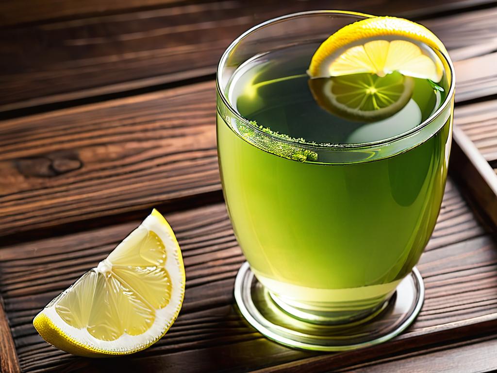 Стакан зеленого чая с ломтиком лимона на деревянном столе