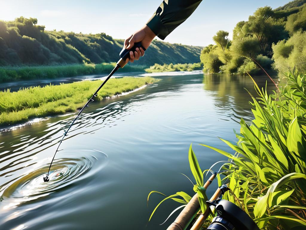 Рыболов на реке ловит на спиннинг с плетеной леской
