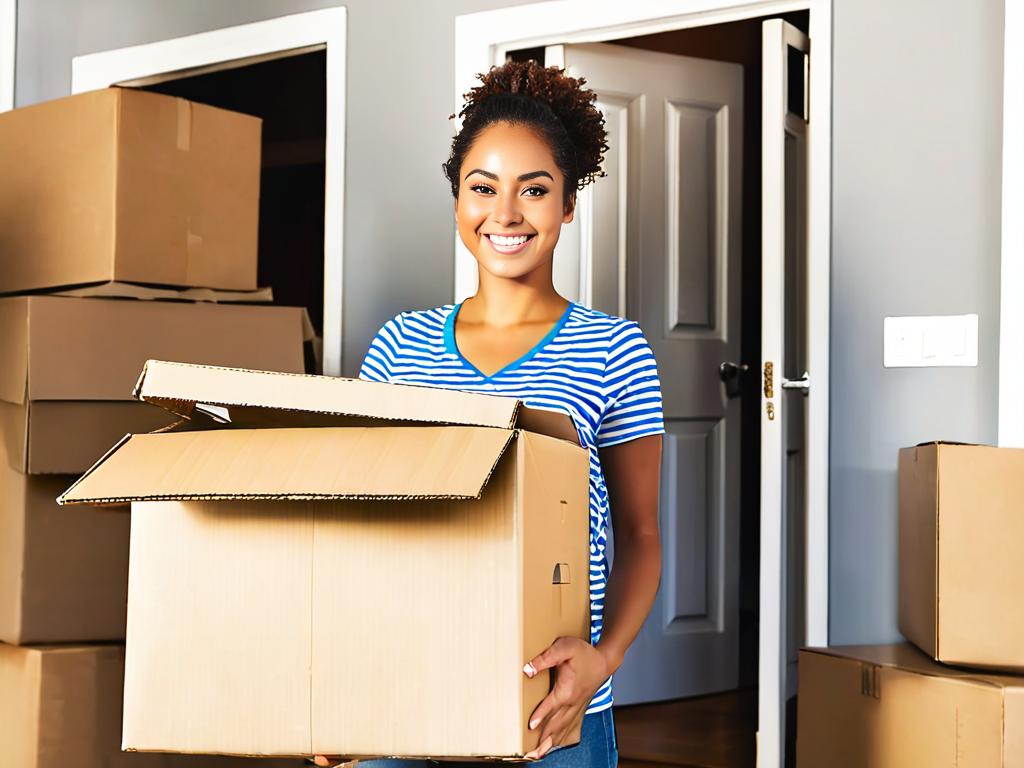 Улыбающаяся молодая женщина несет коробки при переезде в новый дом