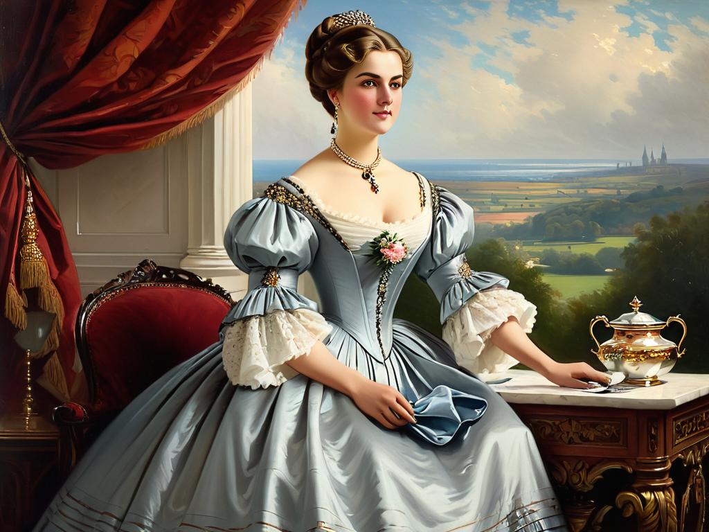 Портрет модницы в платье с гиготовыми рукавами конца 19 века