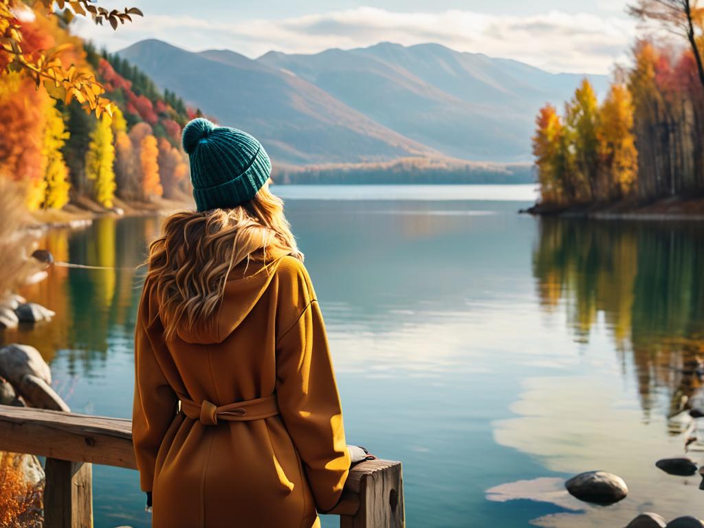 Женщина в уютной осенней одежде смотрит на озеро