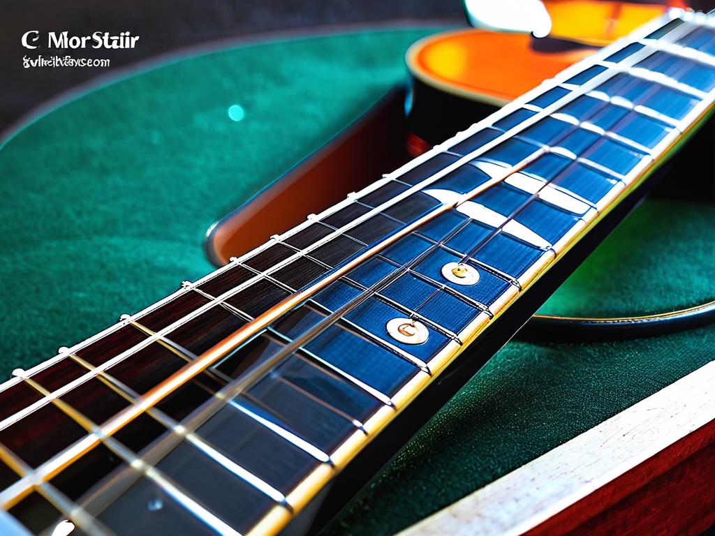 Крупный снимок грифа гитары с обозначением основных аккордов для новичков - до мажор, соль мажор,
