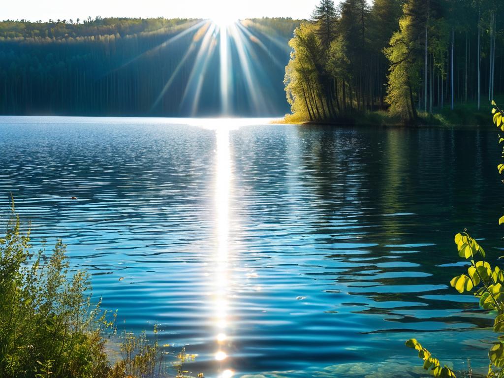 Лучи солнца в прозрачной голубой воде озера Селигер
