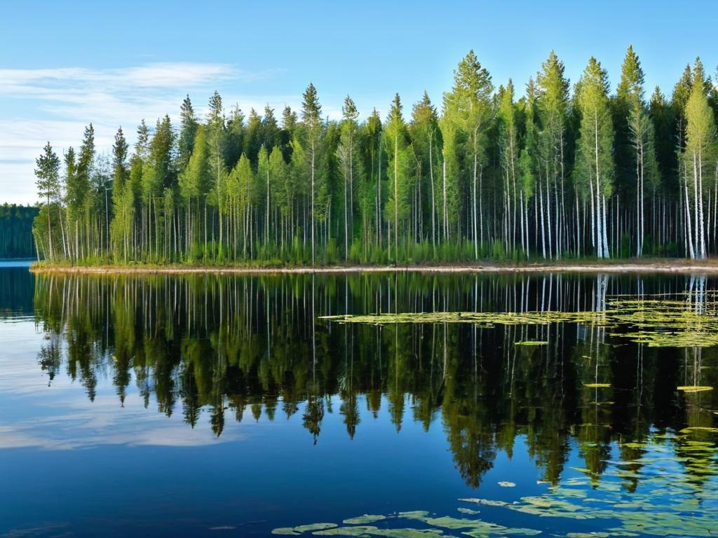 Берег озера Селигер с отражающимися в воде сосново-березовыми лесами