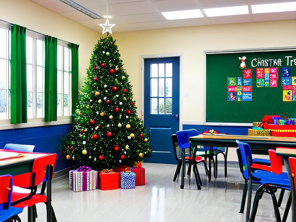 Новогодне украшенный школьный класс с елкой